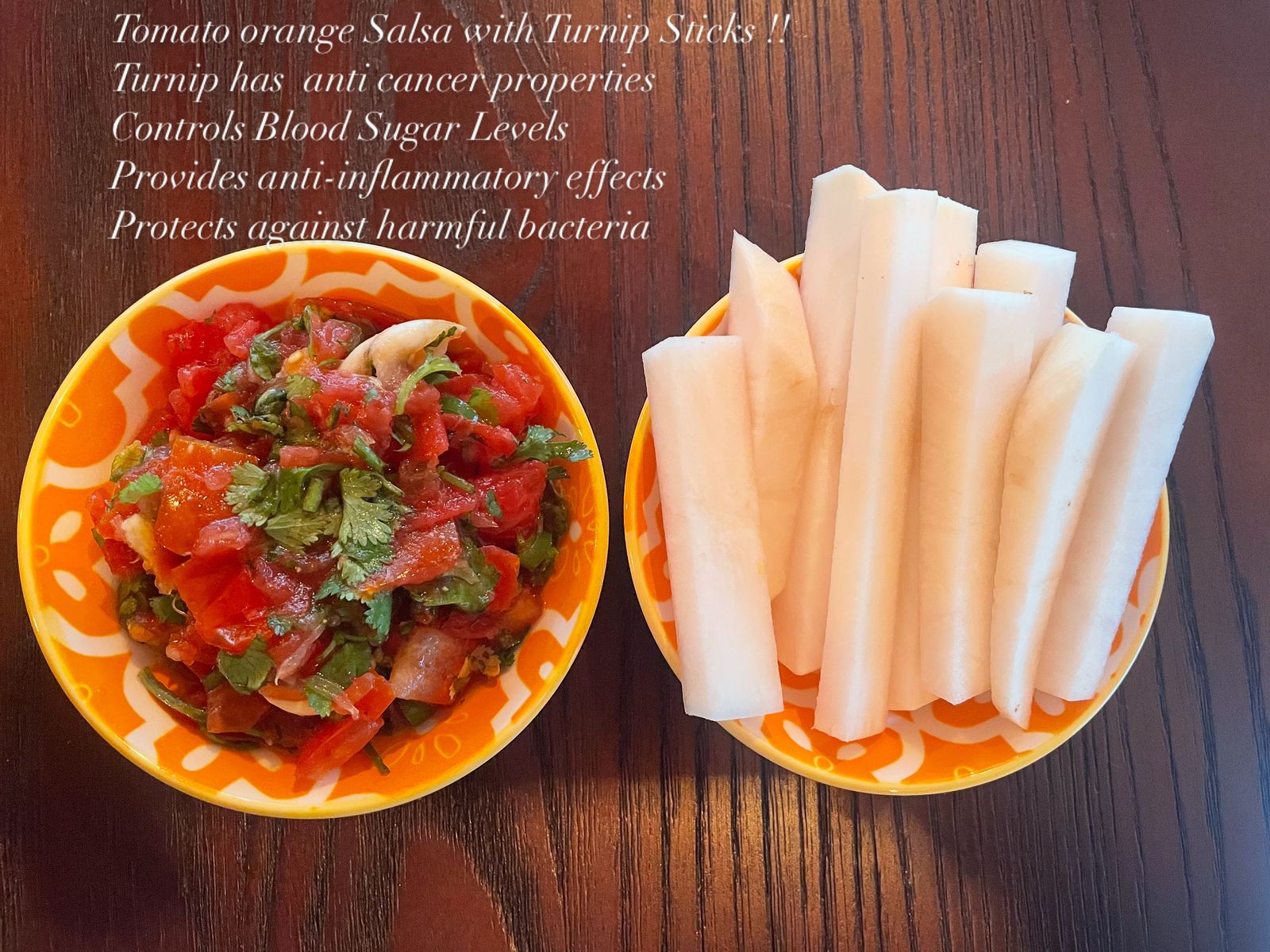 Tomato Orange Salsa with Turnip Sticks